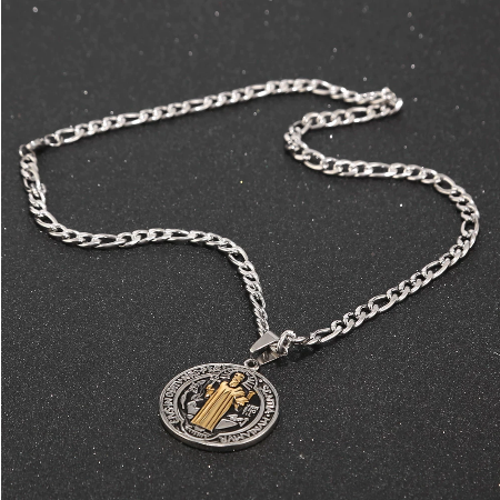 23.5" St. Benedict Silver/Gold Exorcism Medallion Necklace