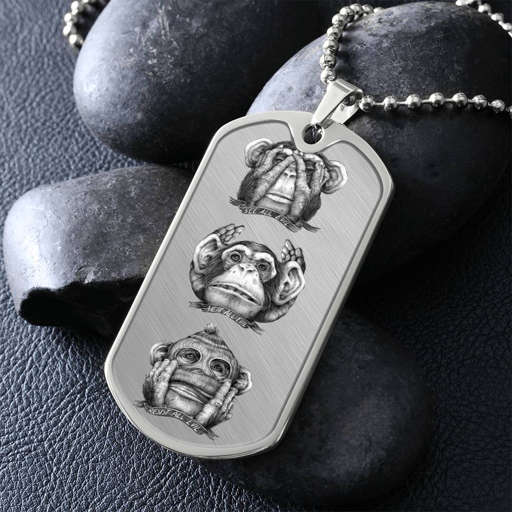See, Hear, Speak No Evil Dog Tag Necklace (Gold or Silver)