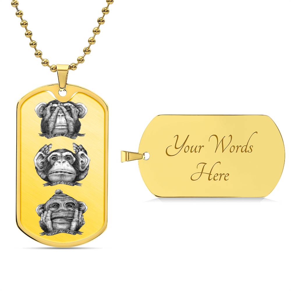 See, Hear, Speak No Evil Dog Tag Necklace (Gold or Silver)