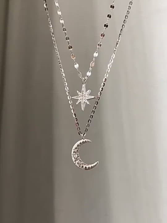 925 Star Crescent Moon Necklace Dual Chain